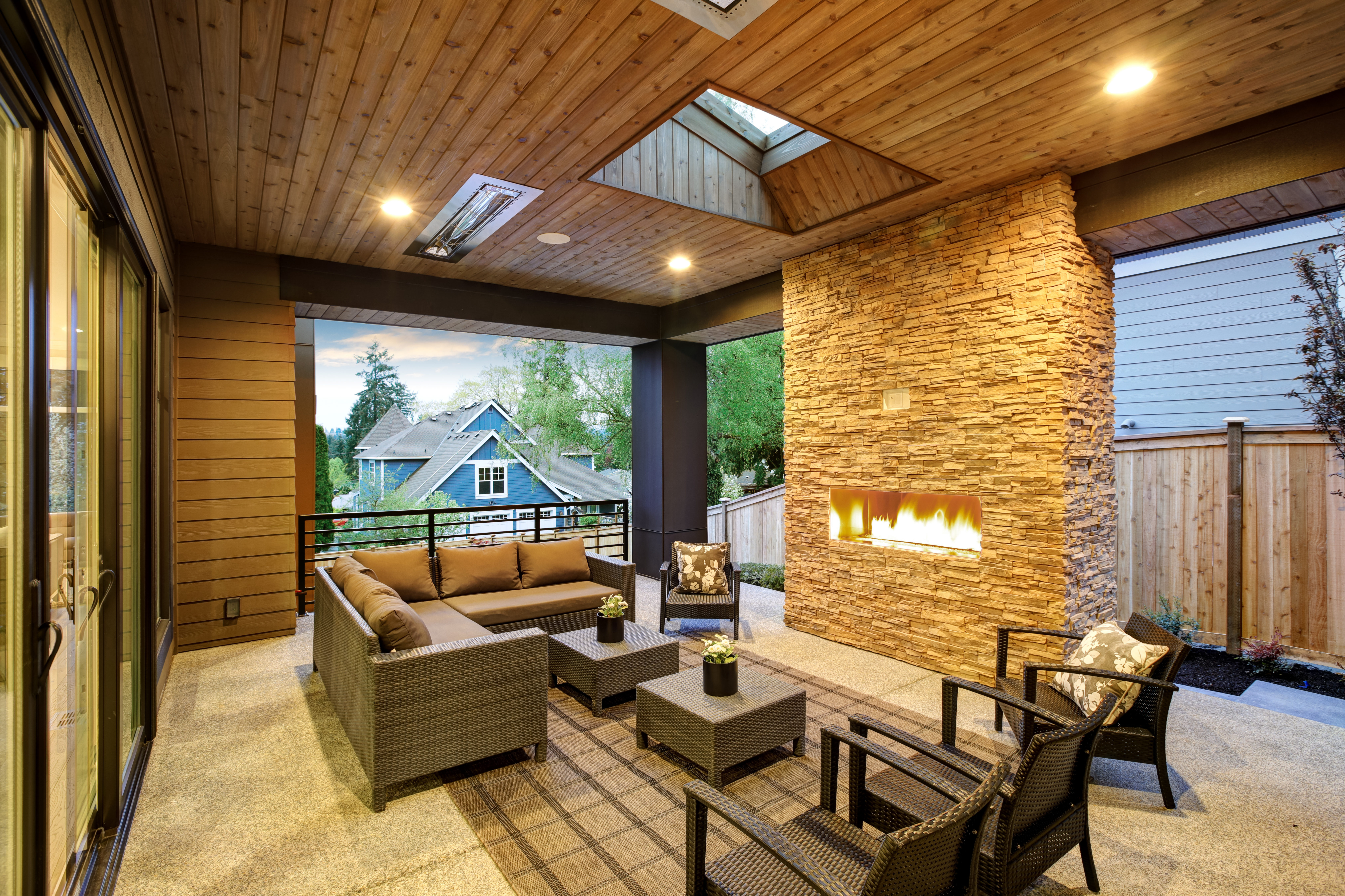 Outdoor living room with fireplace