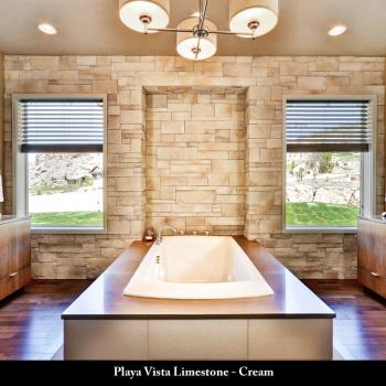 A luxury washroom featuring Playa Vista limestone